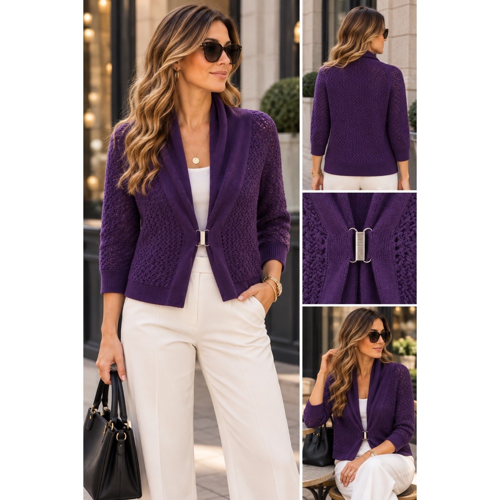 Neiman Marcus Cashmere Purple Knit Open Front Cardigan Shawl Collar Medium